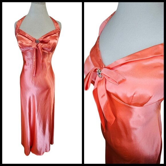 Y2K Pink Coral Babydoll Formal Slip‎ Dress Halter Satin Sz 8 Tall Hollywood Glam